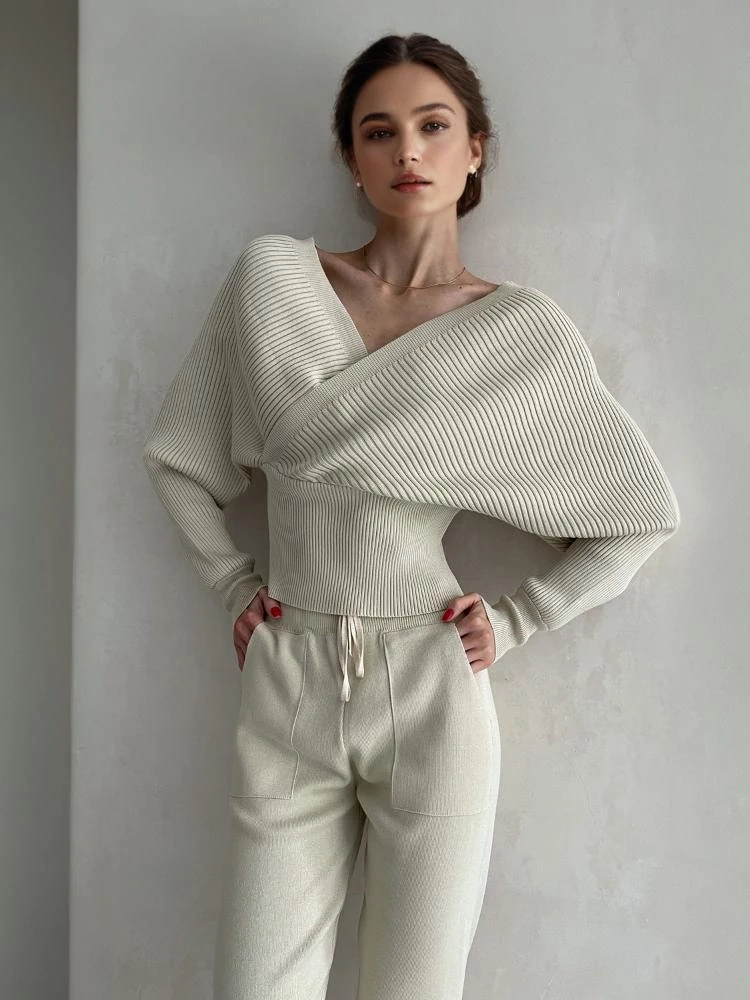 TWOTWINSTYLE Bat Sleeve V Neck Knitted Two Piece Set Sweater