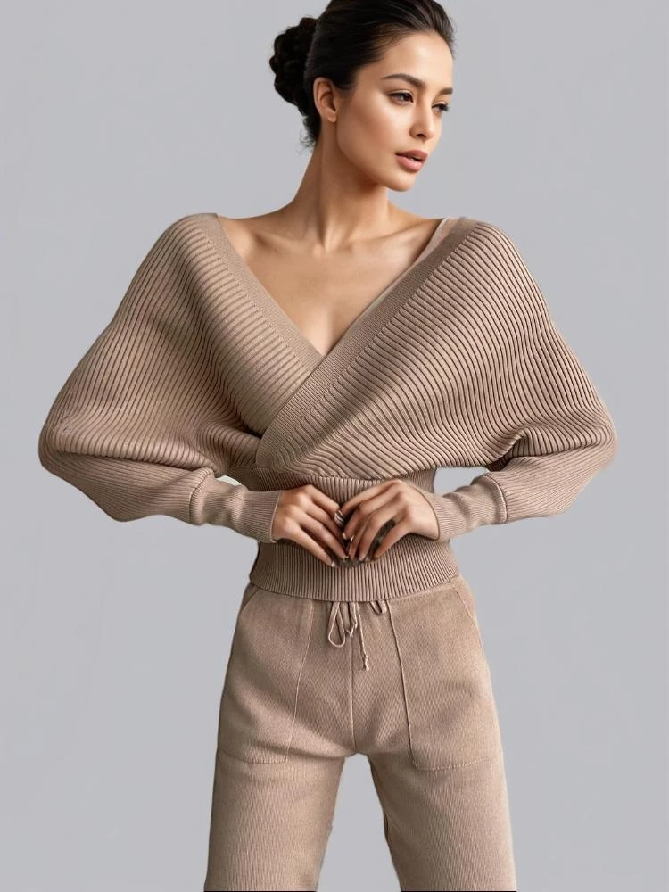 TWOTWINSTYLE Bat Sleeve V Neck Knitted Two Piece Set Sweater