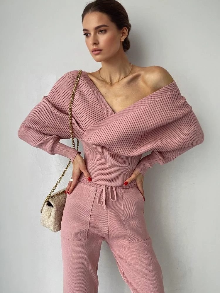 TWOTWINSTYLE Bat Sleeve V Neck Knitted Two Piece Set Sweater