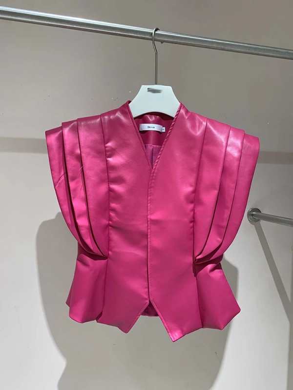 TWOTWINSTYLE Sleeveless Pu Leather Vest Jacket