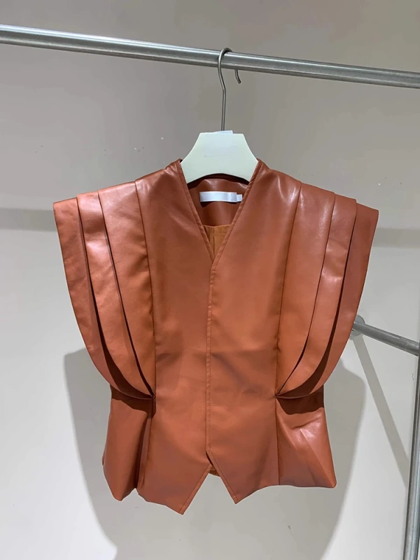 TWOTWINSTYLE Sleeveless Pu Leather Vest Jacket
