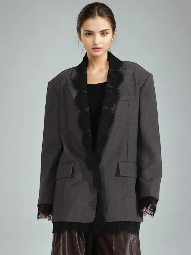 TWOTWINSTYLE Lace Patchwork Embroidered Lapel Suit Jacket