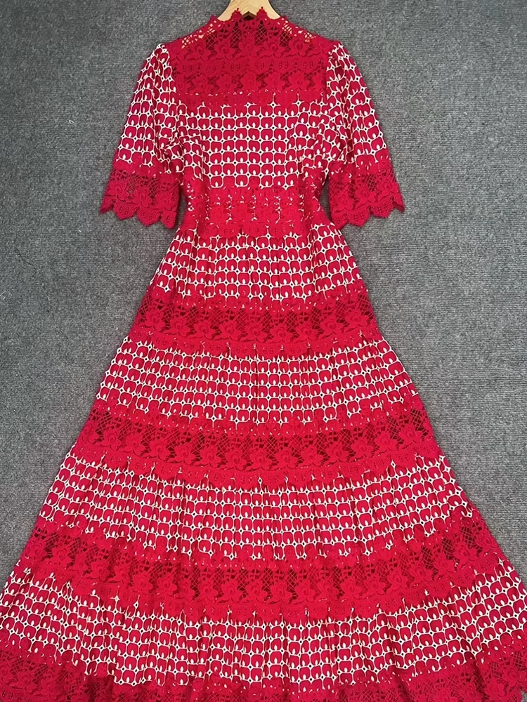 TWOTWINSTYLE Lace Hollow Short Sleeve Waist Cinching Maxi Dress