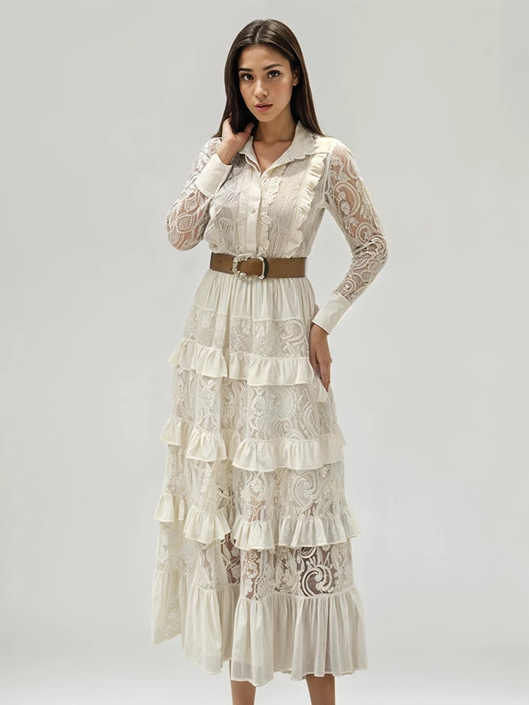 TWOTWINSTYLE Embroidered Lace Waist Long Sleeve Lotus Leaf Edge Maxi Dress