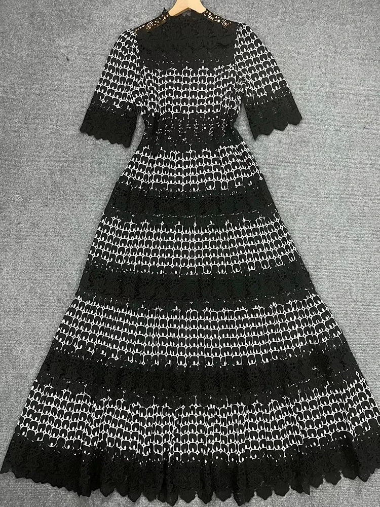 TWOTWINSTYLE Lace Hollow Short Sleeve Waist Cinching Maxi Dress