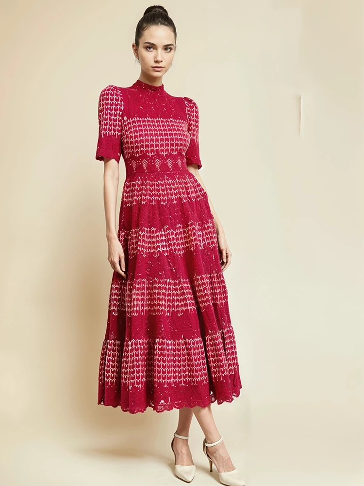 TWOTWINSTYLE Lace Hollow Short Sleeve Waist Cinching Maxi Dress