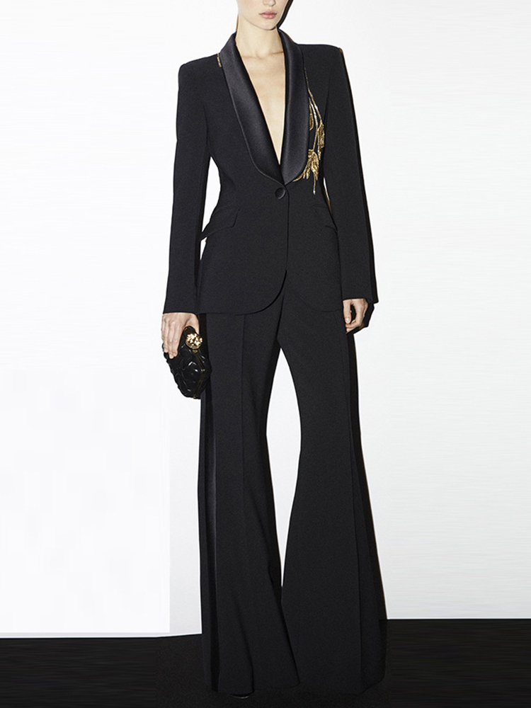 TWOTWINSTYLE Two Piece Set Notched Collor Long Sleeve Blazer High Waist Wide Leg Pants Sets
