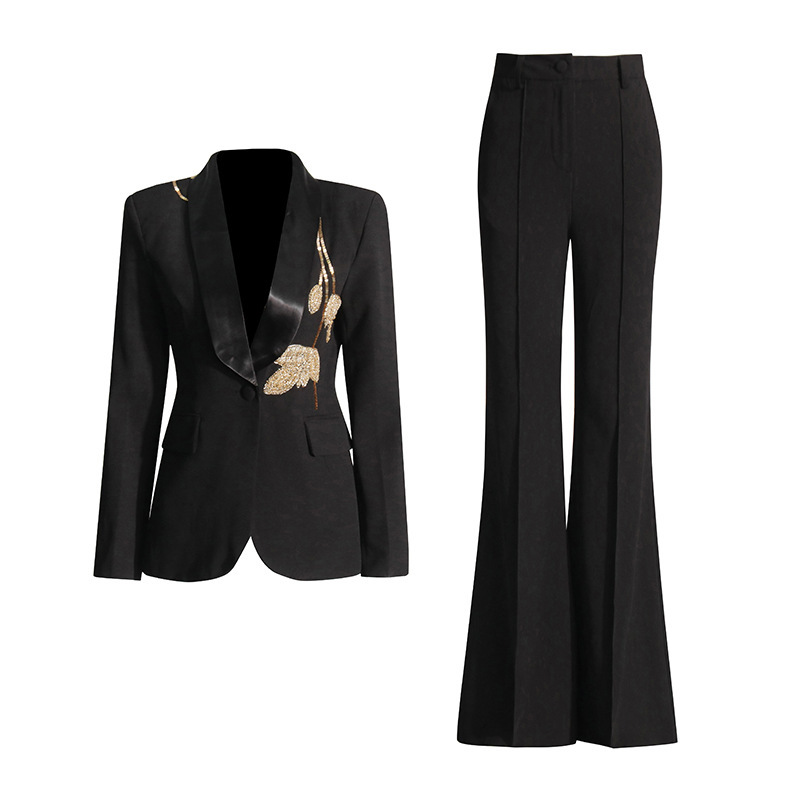 TWOTWINSTYLE Two Piece Set Notched Collor Long Sleeve Blazer High Waist Wide Leg Pants Sets