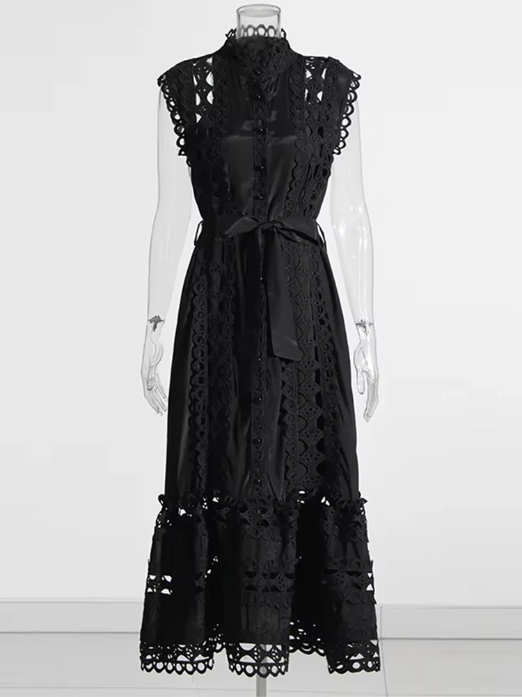 TWOTWINSTYLE Embroidered Stand Collar Flower Splicing Hollow Out Maxi Dress
