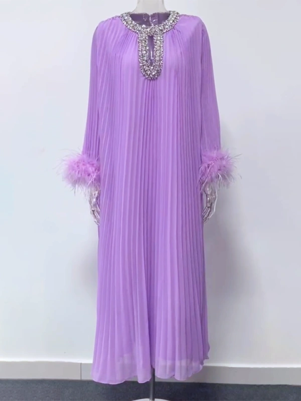 TWOTWINSTYLE Rhinestone Ostrich Fur Maxi Dress