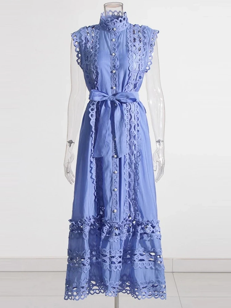 TWOTWINSTYLE Embroidered Stand Collar Flower Splicing Hollow Out Maxi Dress