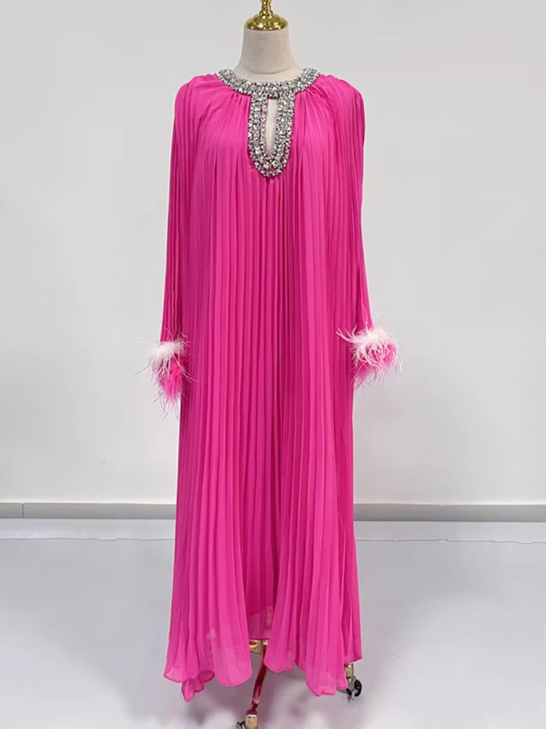 TWOTWINSTYLE Rhinestone Ostrich Fur Maxi Dress