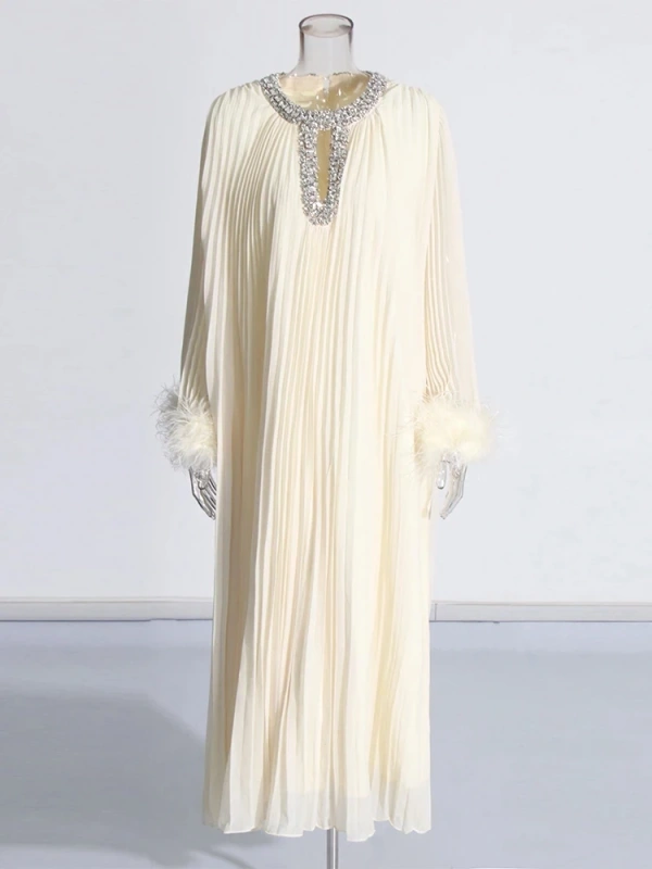 TWOTWINSTYLE Rhinestone Ostrich Fur Maxi Dress