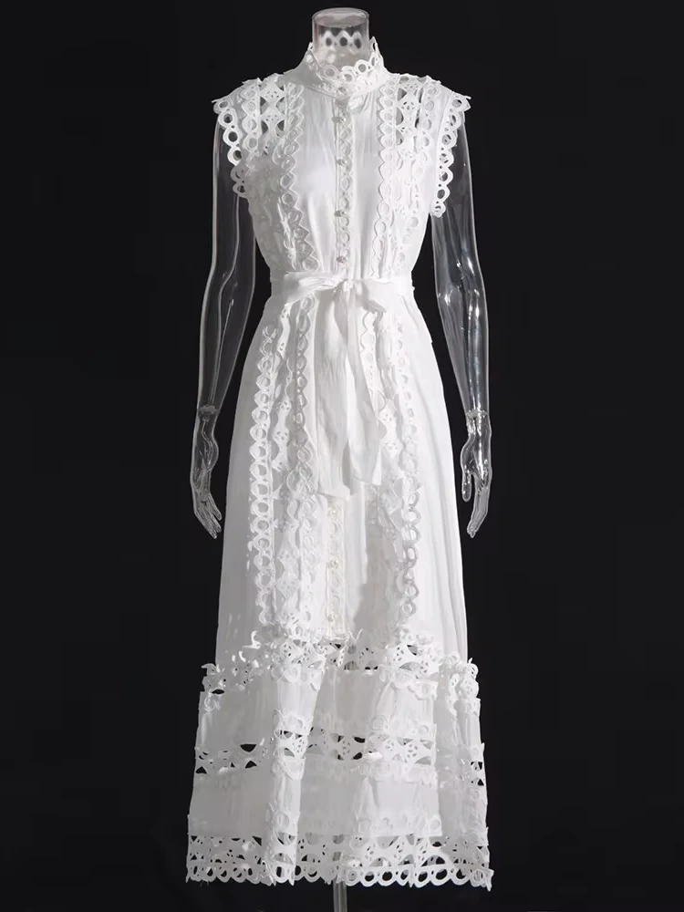TWOTWINSTYLE Embroidered Stand Collar Flower Splicing Hollow Out Maxi Dress