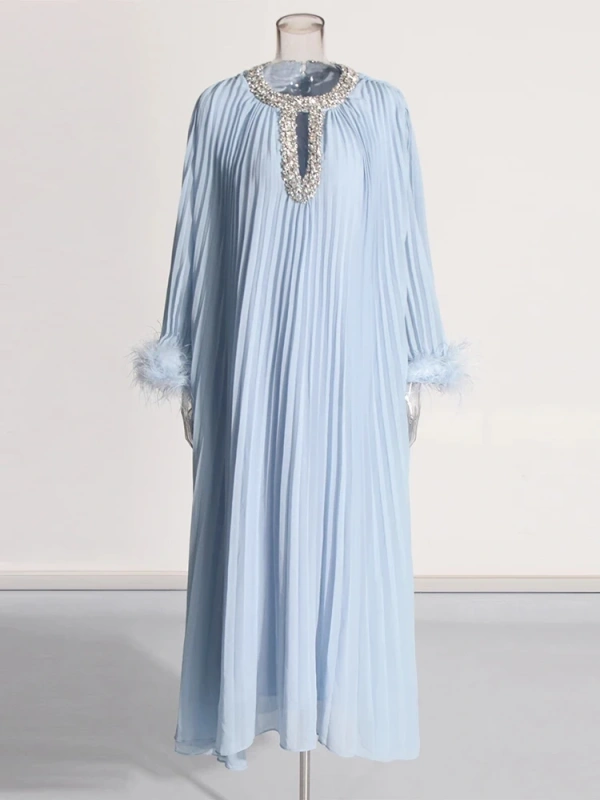 TWOTWINSTYLE Rhinestone Ostrich Fur Maxi Dress