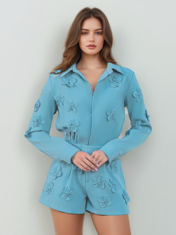 TWOTWINSTYLE Appliques Jumpsuit Lapel Long Sleeve High Waist