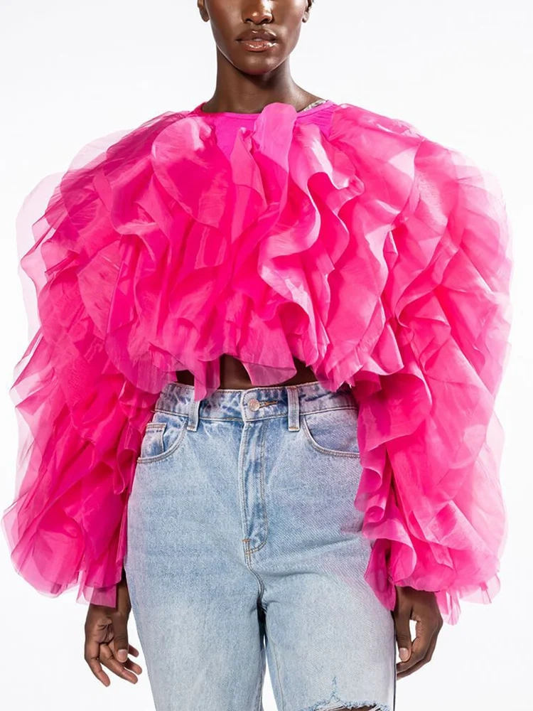 TWOTWINSTYLE Lantern Long Sleeve Ruffle Short Women Blouses