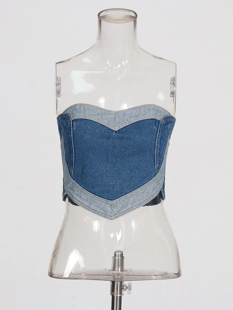 TWOTWINSTYLE Heart Patchwork Strapless Denim Vest Top