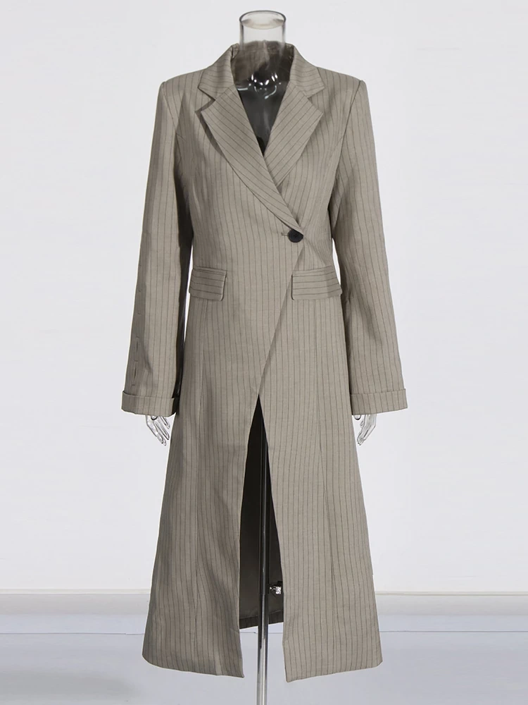 TWOTWINSTYLE Striped Slit Single Long Suit Jacket