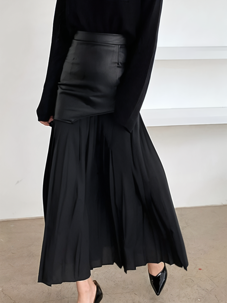 TWOTWINSTYLE PU Leather Patchwork Pleated Midi Skirts