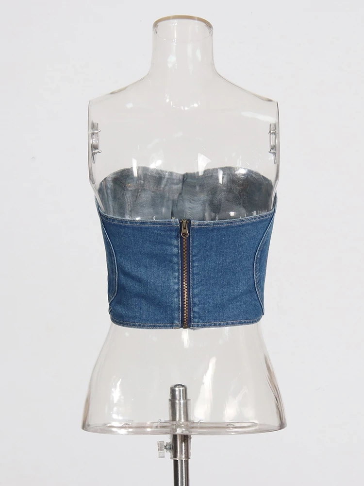 TWOTWINSTYLE Heart Patchwork Strapless Denim Vest Top