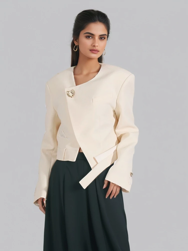TWOTWINSTYLE Round Neck Side Button Beveled Short Jacket