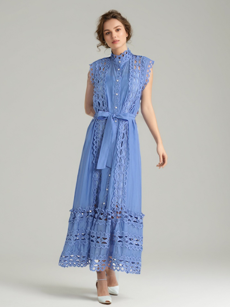 TWOTWINSTYLE Embroidered Stand Collar Flower Splicing Hollow Out Maxi Dress