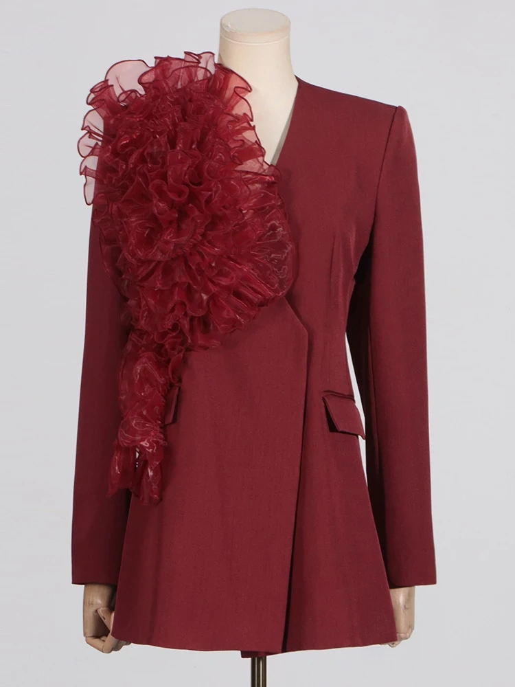 TWOTWINSTYLE Lotus Leaf Edge  Angola Red Collarless Suit Jacket