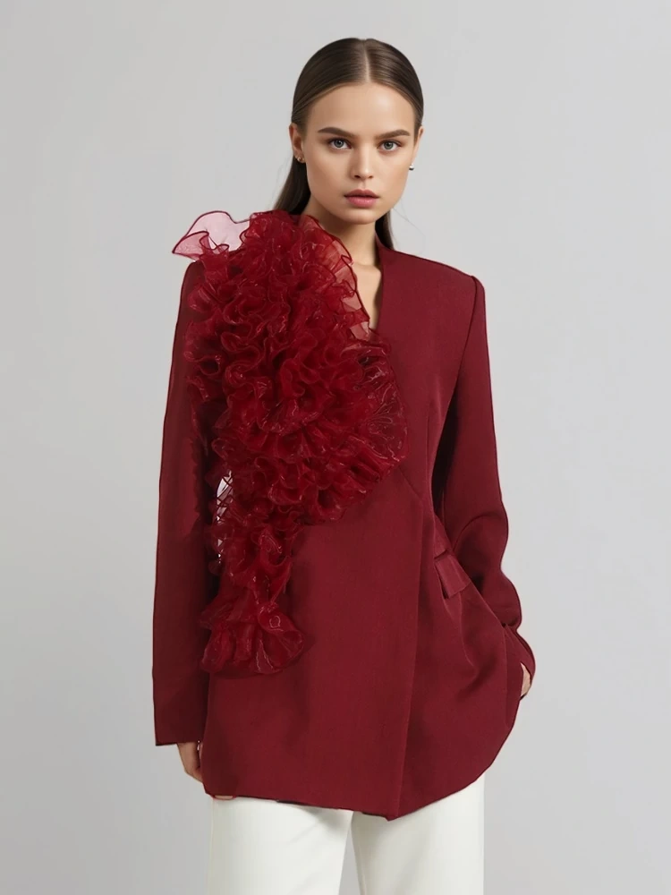TWOTWINSTYLE Lotus Leaf Edge  Angola Red Collarless Suit Jacket