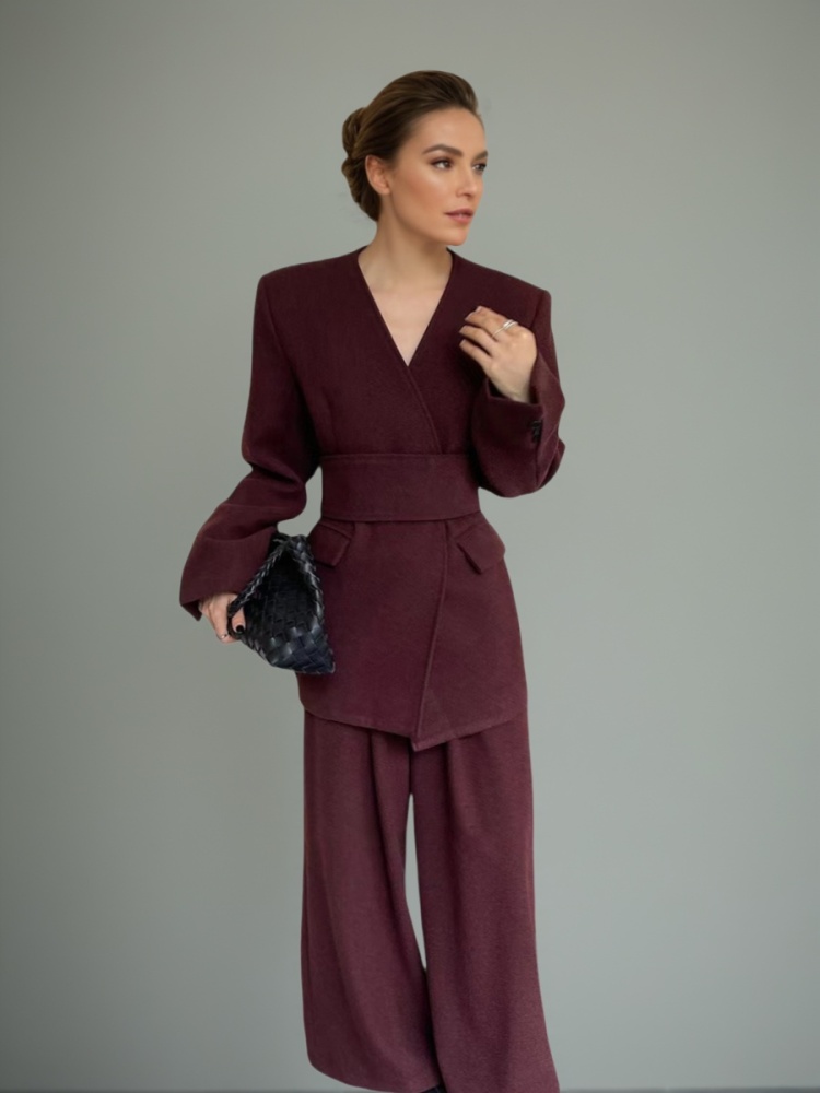 TWOTWINSTYLE V Neck Waist Cinched Casual Two Piece Set