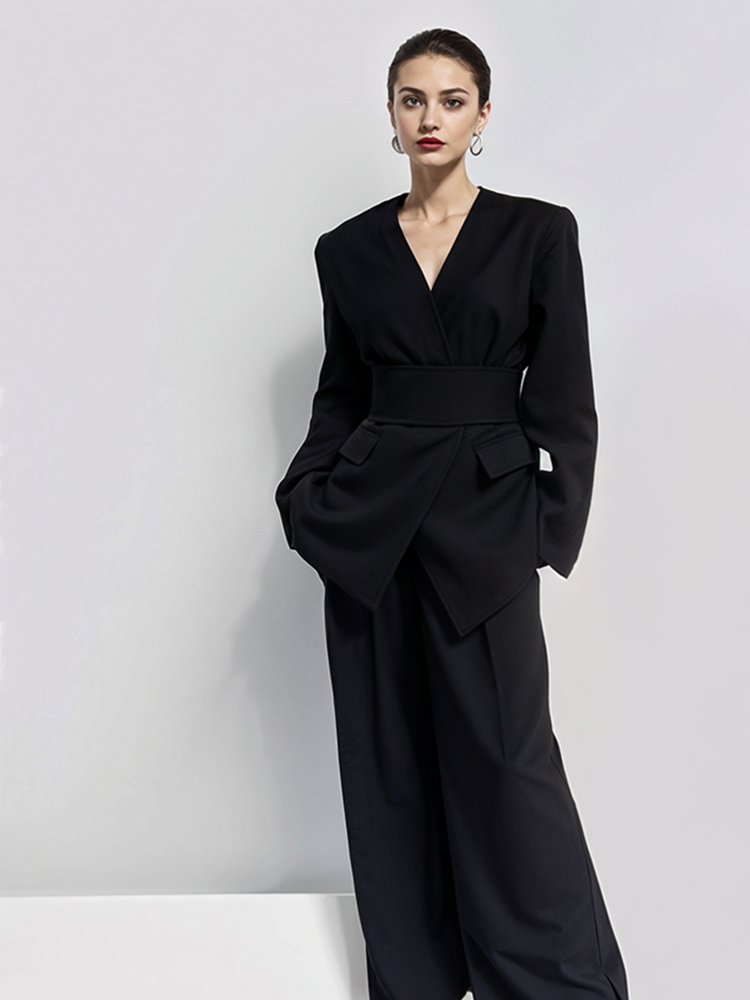 TWOTWINSTYLE V Neck Waist Cinched Casual Two Piece Set