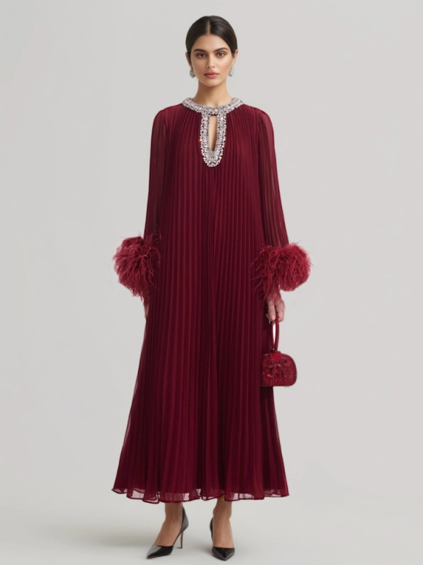 TWOTWINSTYLE Rhinestone Ostrich Fur Maxi Dress