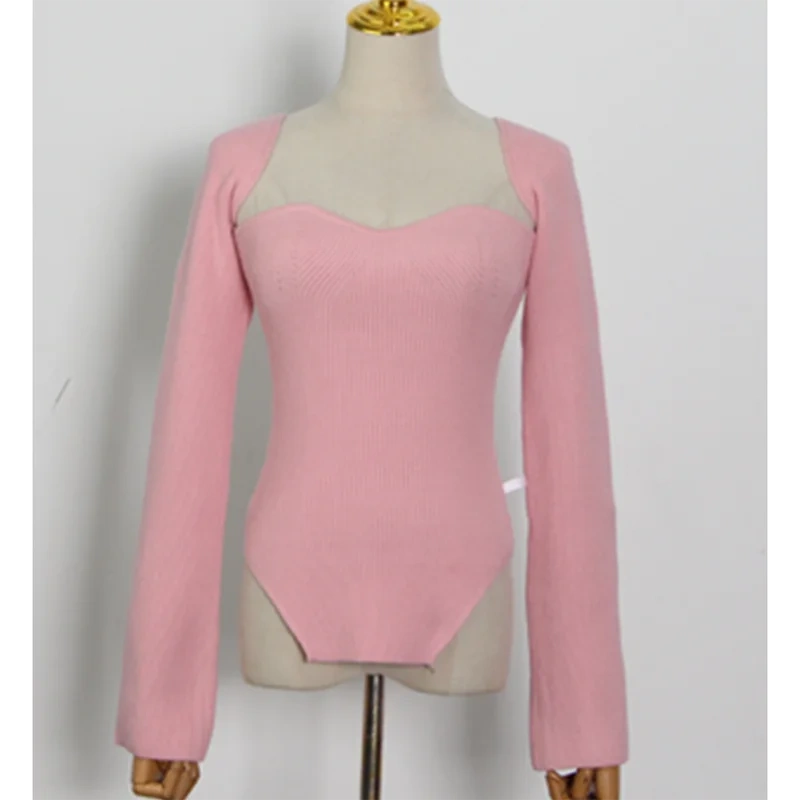 TWOTWINSTYLEKnitting Solid Sweaters T-shirt Square Collar Long Sleeve