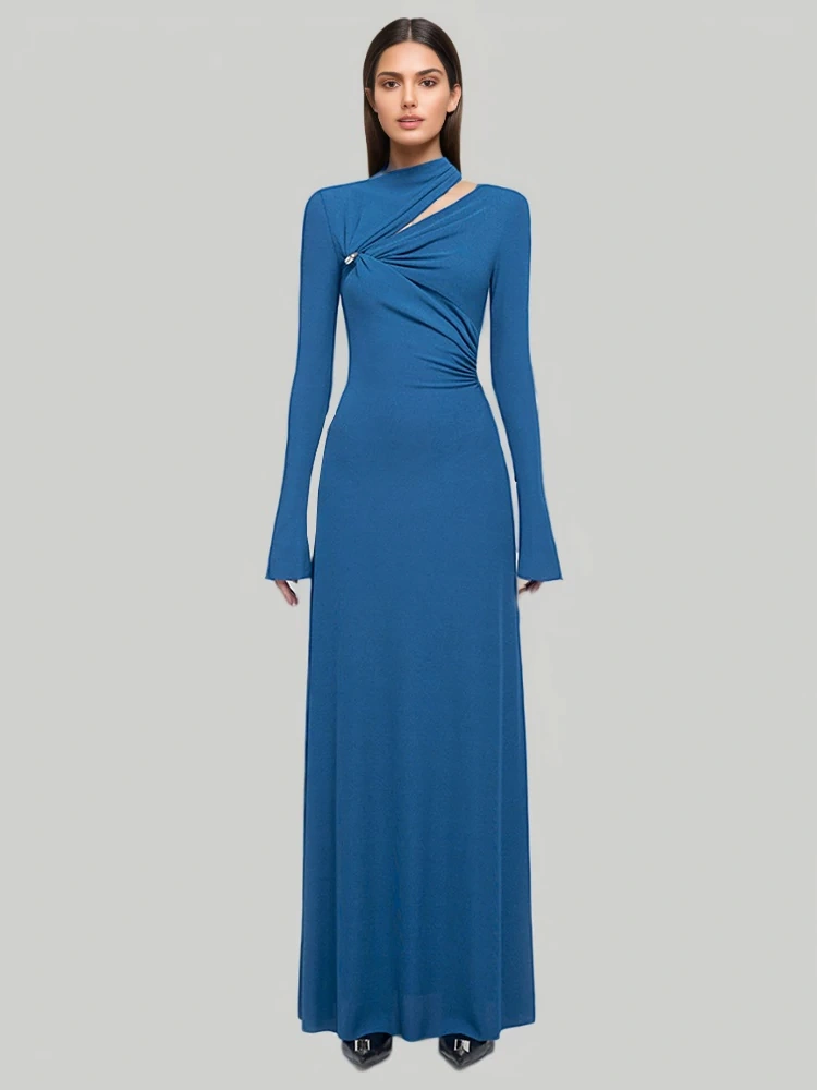 TWOTWINSTYLE Folds Hollow Slim Maxi Dress
