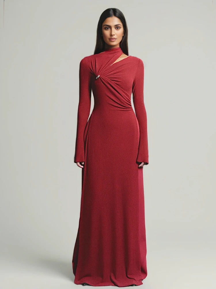 TWOTWINSTYLE Folds Hollow Slim Maxi Dress