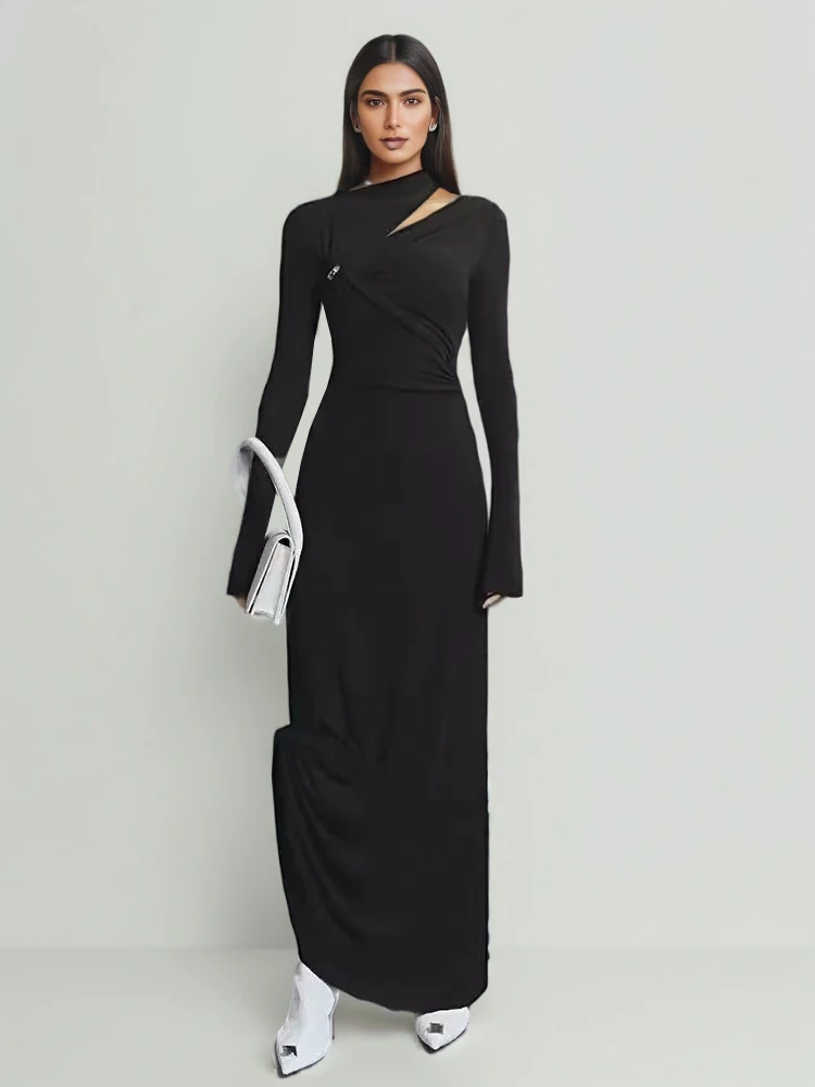 TWOTWINSTYLE Folds Hollow Slim Maxi Dress