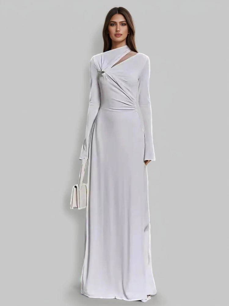 TWOTWINSTYLE Folds Hollow Slim Maxi Dress