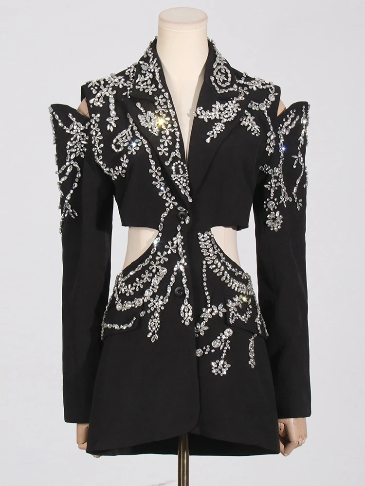 TWOTWINSTYLE Nail Bead Studded Diamonds Backless Hollow Waist Suit Jacket