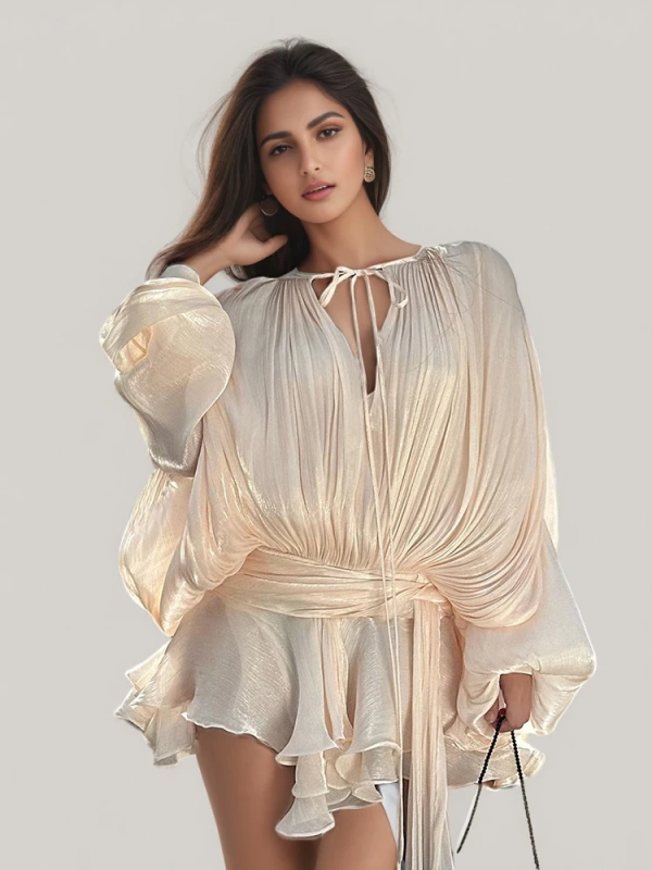 TWOTWINSTYLE Long Sleeve Lace Up Ribon Mini Dress