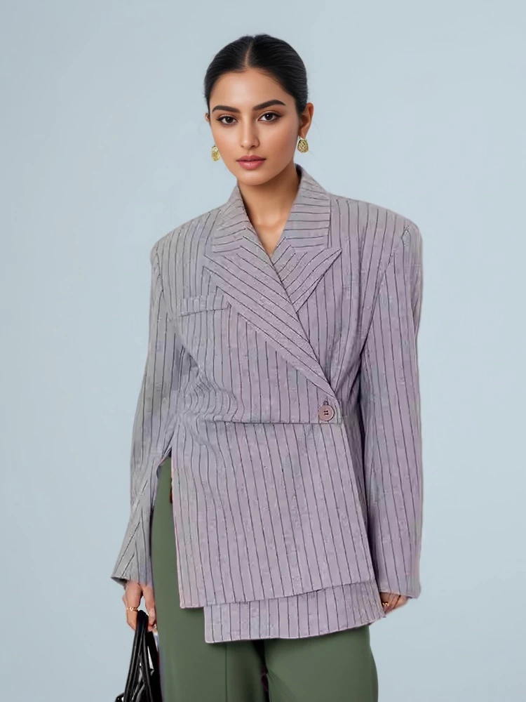 TWOTWINSTYLE Grey Striped Irregular Suit Jacket