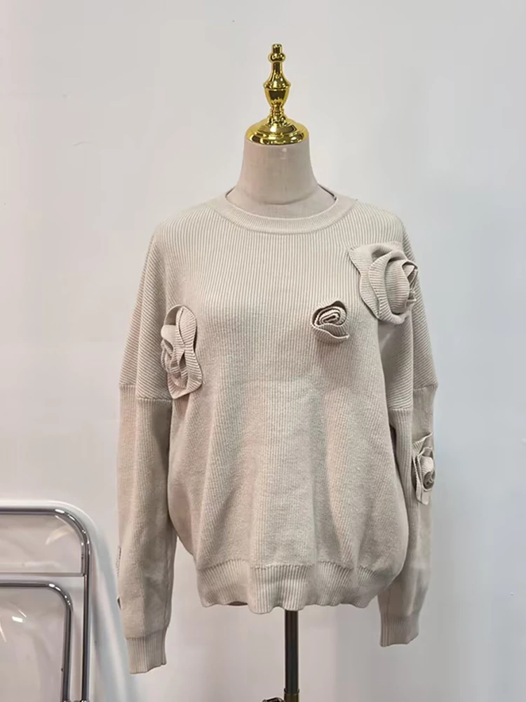 TWOTWINSTYLE Rose Knitted Loose Long Sleeve Knitted Sweater