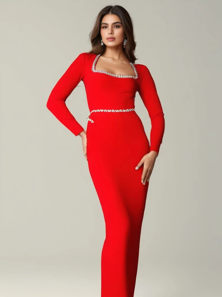 Square Collar Long Sleeve Midi Diamente Embellished Bandage Dress
