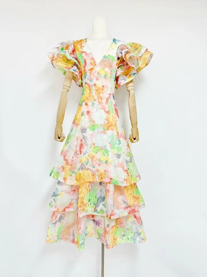 V Neck Printed Cake Multi-layer Maxi Dresses