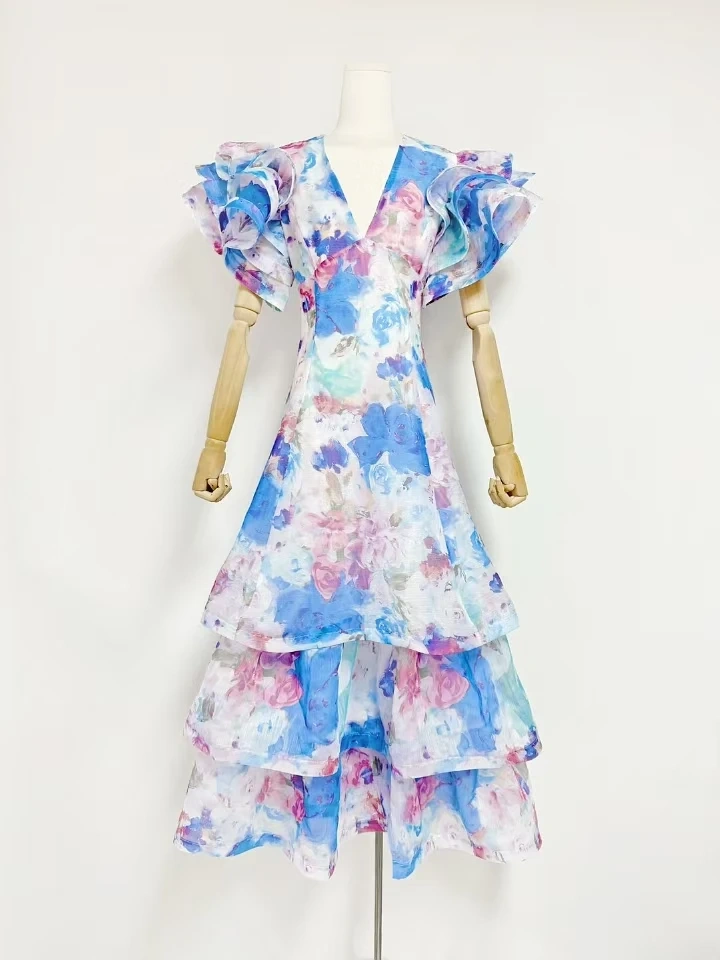 V Neck Printed Cake Multi-layer Maxi Dresses
