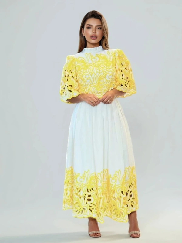 TWOTWINSTYLE Stand Collar Embroidery Hollow Out Constrasting Two Piece Set