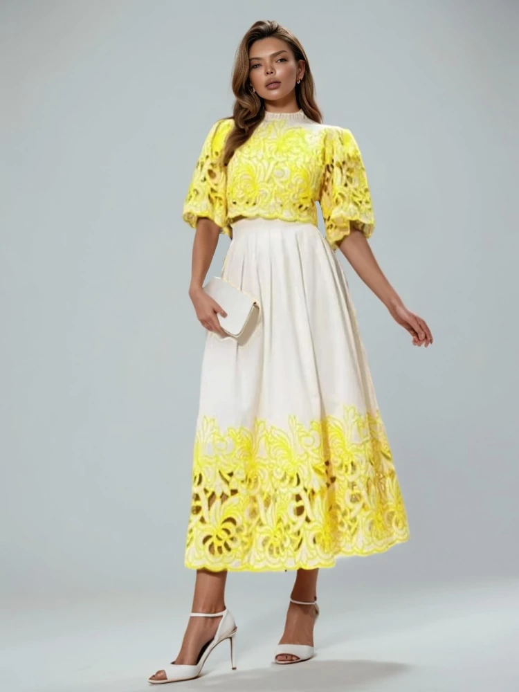 TWOTWINSTYLE Stand Collar Embroidery Hollow Out Constrasting Two Piece Set