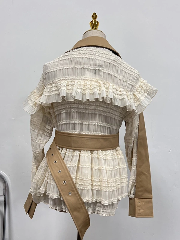 TWOTWINSTYLE Lace Patchwork Waist Cinching Jacket Short Suit