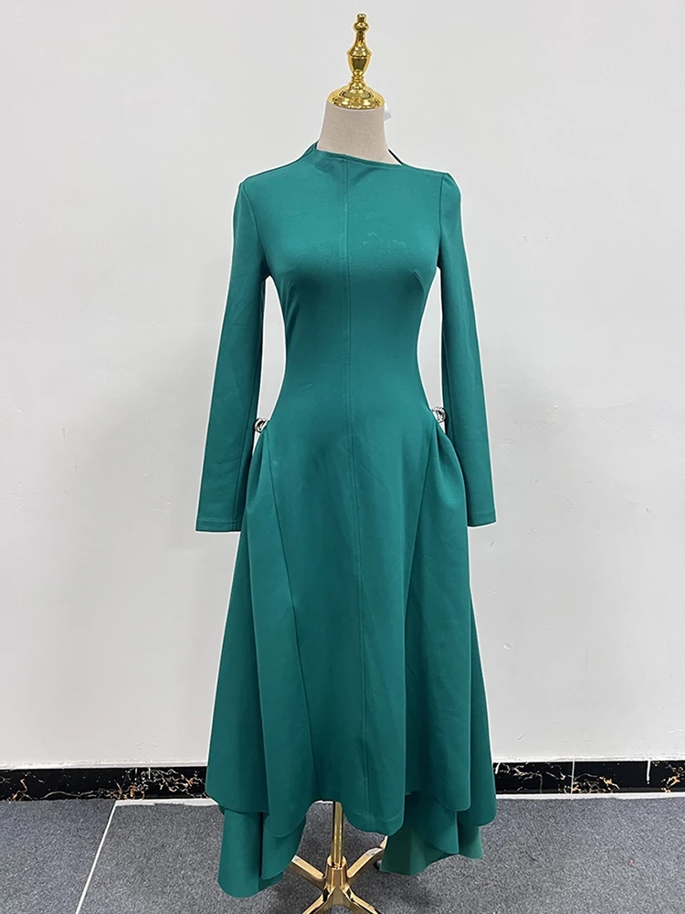 TWOTWINSTYLE Slat Neck Asymmetrical Long Sleeved Dress
