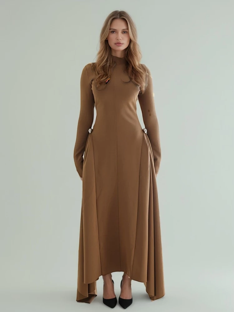TWOTWINSTYLE Slat Neck Asymmetrical Long Sleeved Dress