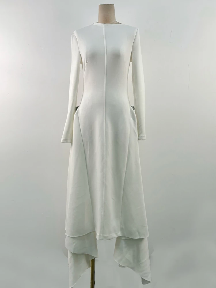 TWOTWINSTYLE Slat Neck Asymmetrical Long Sleeved Dress